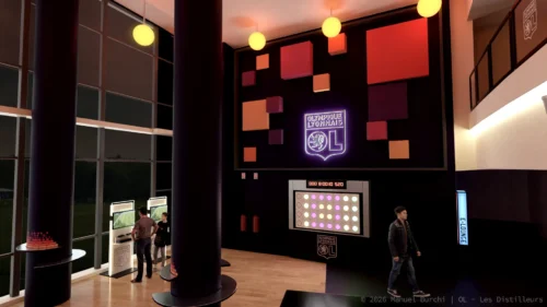 Modélisation 3D photoréaliste de l'architecture intérieure du salon VIP de l'Olympique Lyonnais.