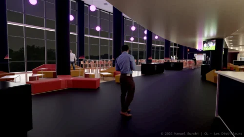 Aperçu 3D photoréaliste avant travaux de l'aménagement intérieur d'un espace VIP de club de foot.