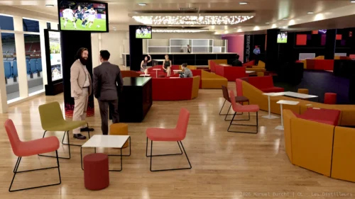 Expertise Blender pour l'architecture d'intérieur : rendu 3D détaillé du mobilier du salon VIP.