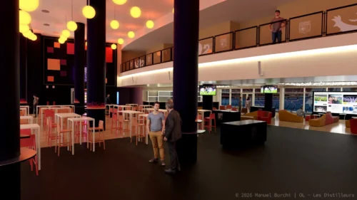Simulation 3D d'éclairage et de matériaux pour le futur salon VIP de l'OL.
