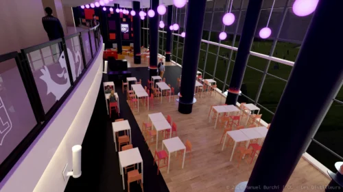 Rendu de précision d'un aménagement intérieur haut de gamme pour un club de football professionnel.