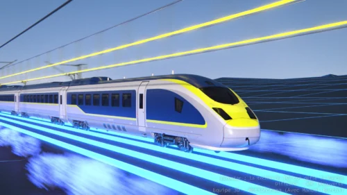 Design en wireframe stylisé d'une rame Eurostar pour une production audiovisuelle.