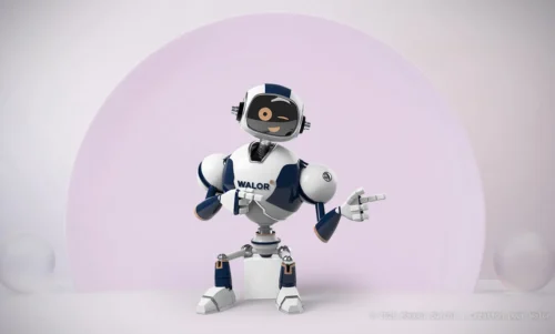 Conception d'un personnage de marque robotique 3D réalisé sous Blender par Manuel Burchi à Lyon.